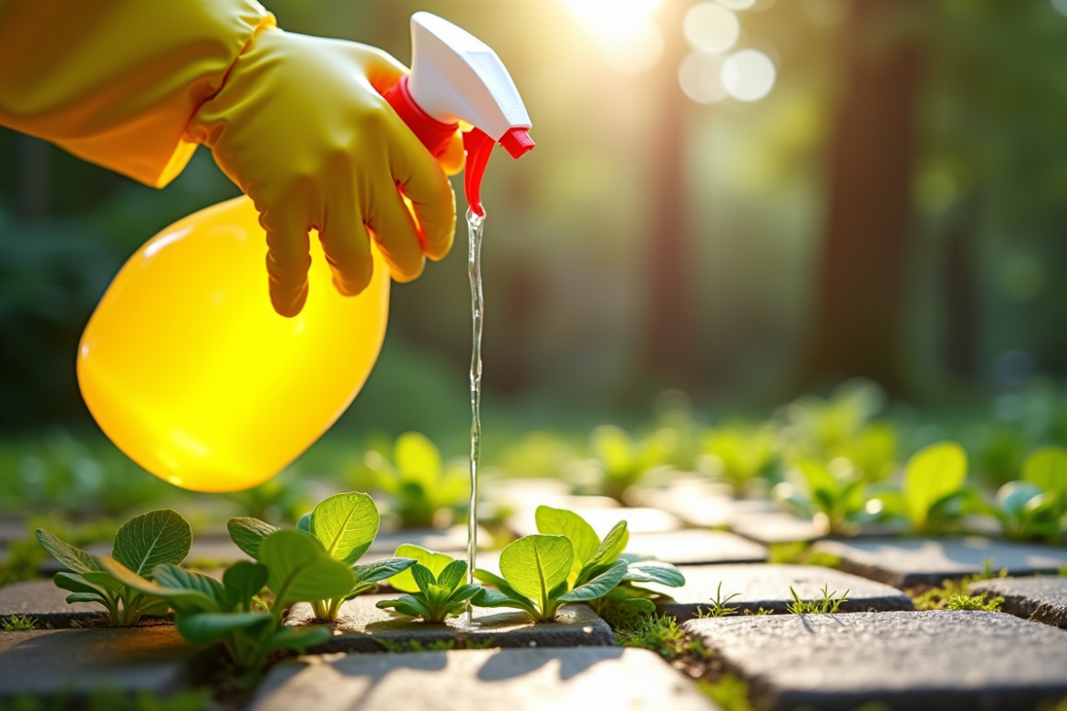 Gants jaunes avec bouteille de savon pour désherber entre pavés