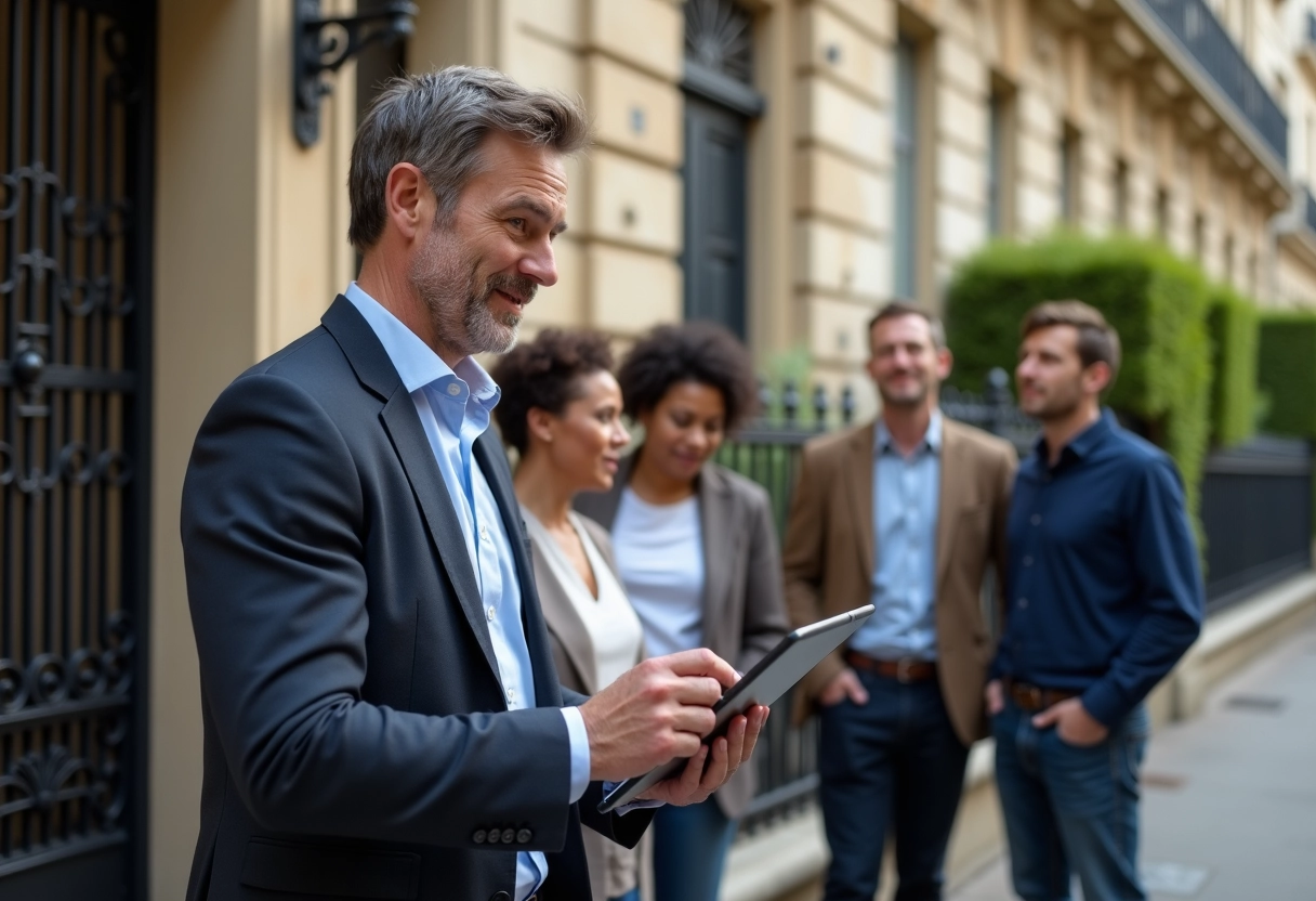 Agent immobilier montrant photos de renovation aux résidents