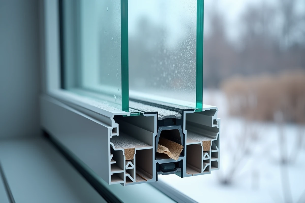 Gros plan sur la coupe transversale d'un double vitrage montrant les deux vitres, l'espace d'argon et le label d'efficacité énergétique