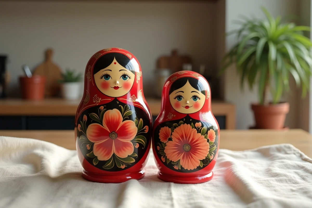 Gros plan de deux poupées matriochkas style Semionov, l'une ouverte montrant la poupée intérieure, posées sur un tissu de lin crème dans un intérieur domestique