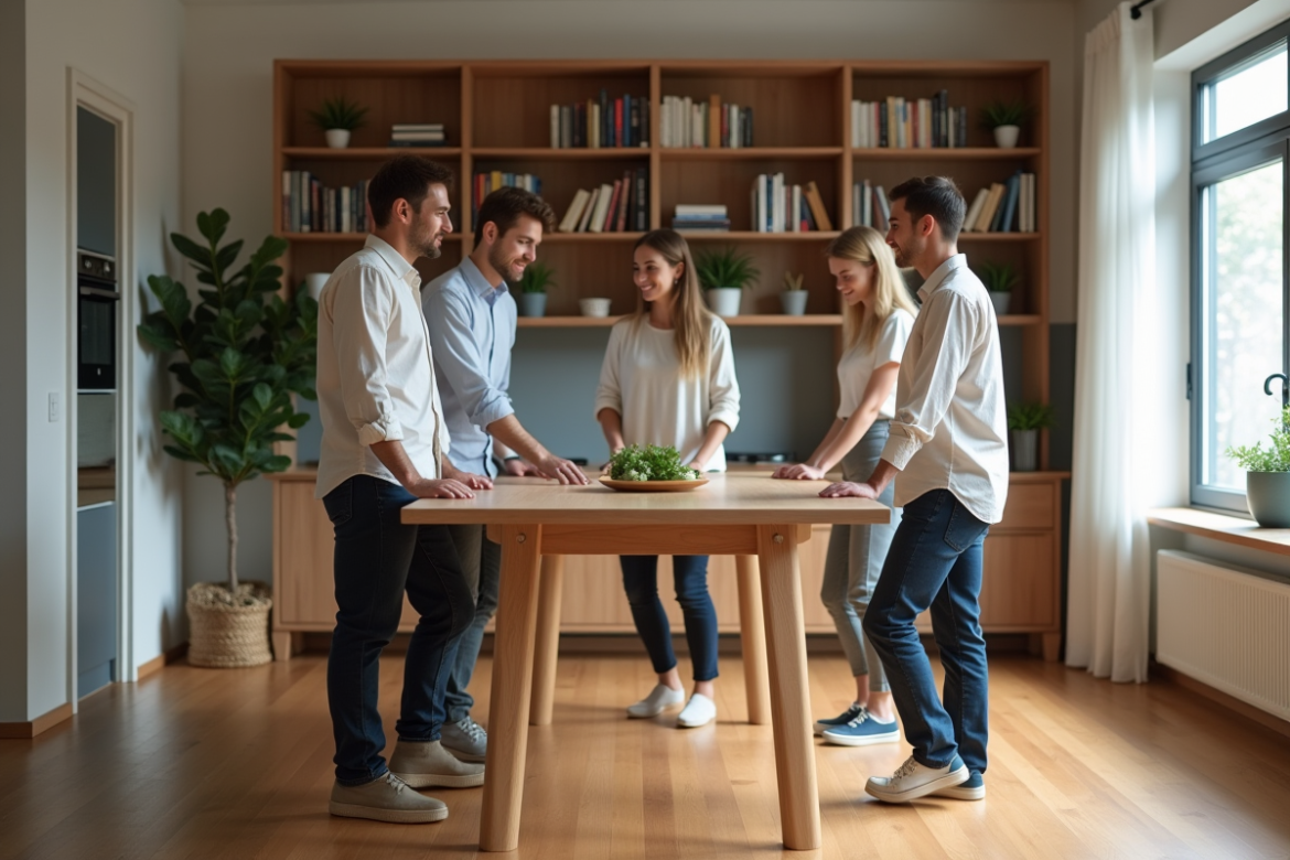 Groupe de quatre adultes dans un appartement moderne autour d'une table