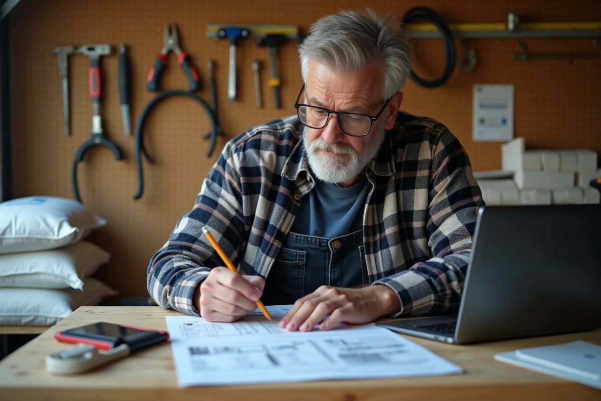 Homme consultant un guide de réglementation travaux DIY dans un garage aménagé en atelier de bricolage