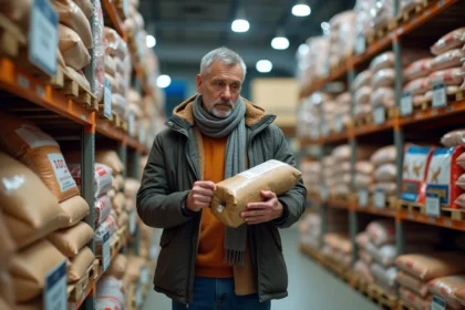 Homme examine un sac de pellets bois en magasin