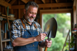 Homme en salopette appliquant de l'huile sur une pelle