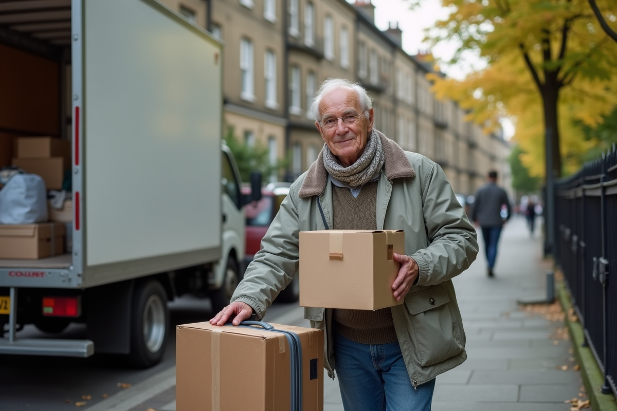 Homme âgé portant une boîte devant un camion de déménagement