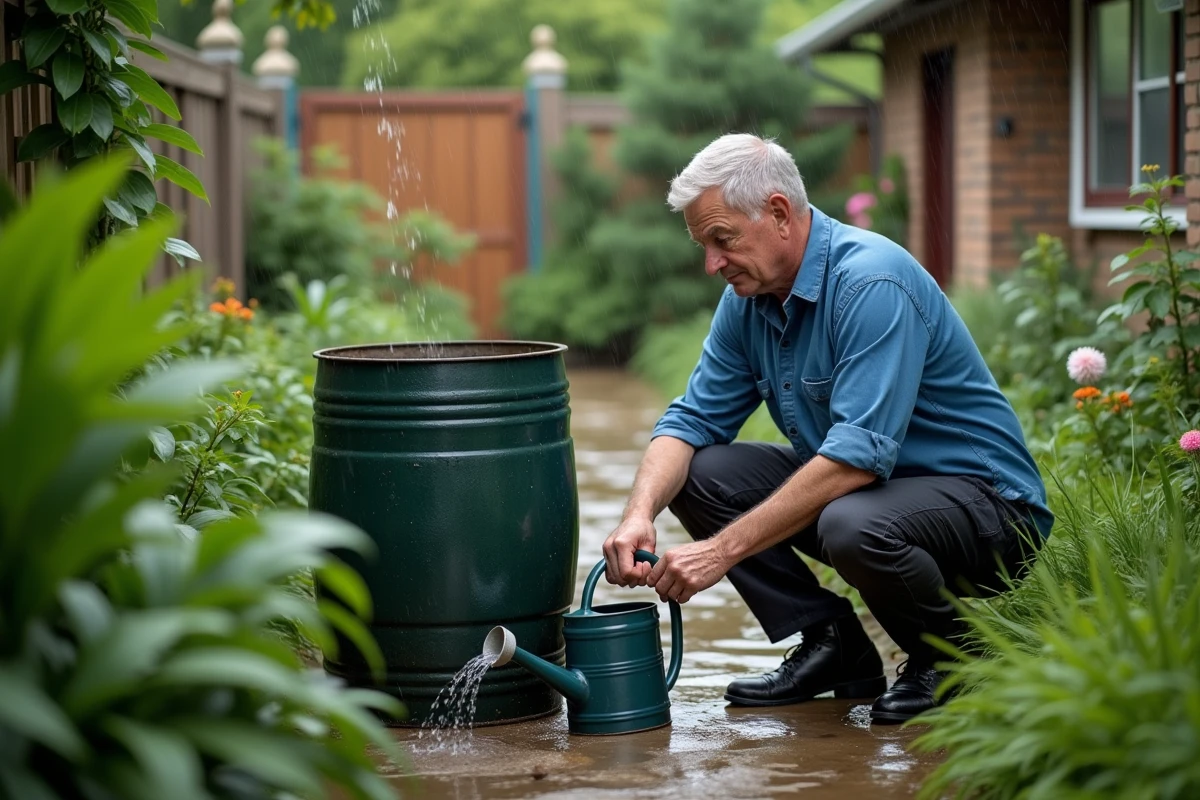 Homme arrosant ses plantes dans le jardin avec un arrosoir