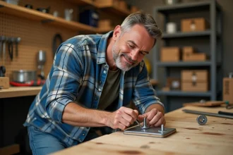 Homme d'âge moyen en jeans et chemise à carreaux travaillant