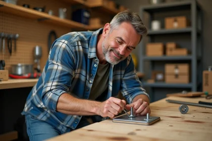 Homme d'âge moyen en jeans et chemise à carreaux travaillant