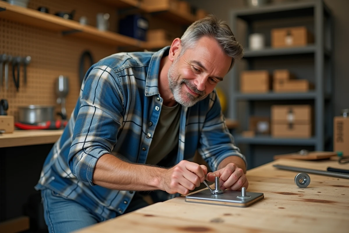Homme d'âge moyen en jeans et chemise à carreaux travaillant