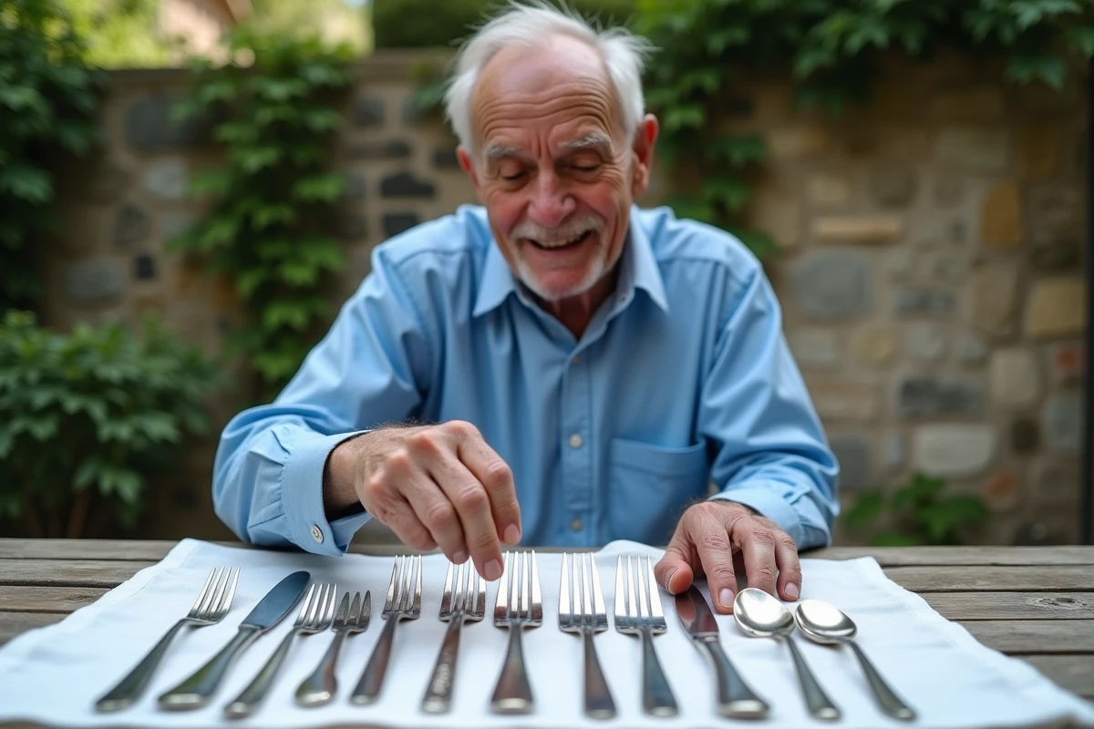 Homme montrant une collection de couverts en argent
