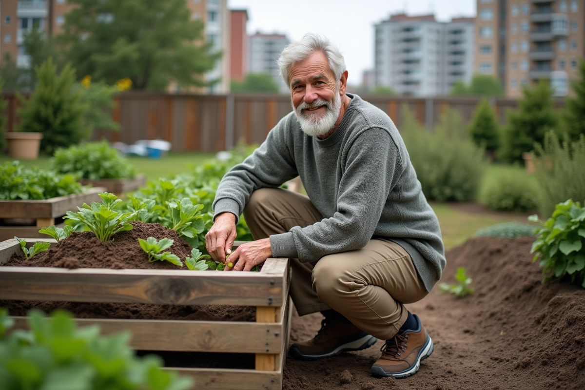 Homme âgé ajoutant des déchets dans un composteur en ville