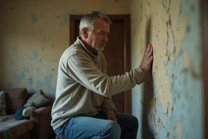 Homme regardant un mur humide et endommagé dans un appartement