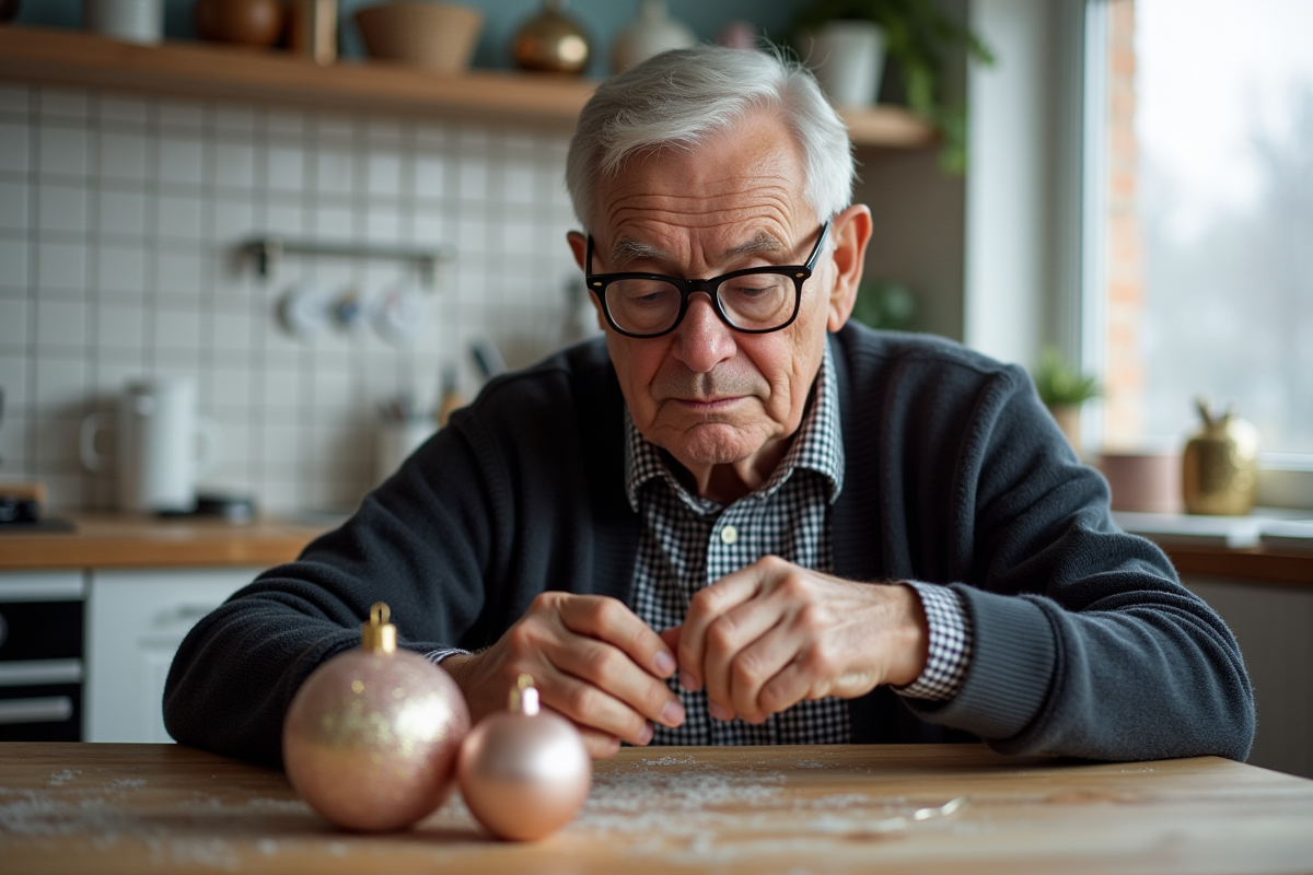 Homme âgé décorant des ornements de Noël dans la cuisine