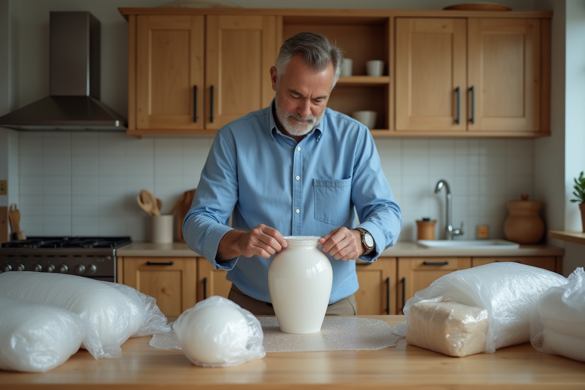 Homme emballant une vase en bubble wrap dans la cuisine