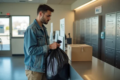 Homme envoie un colis dans un centre postal