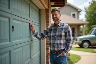 Homme d'âge moyen fermant sa porte de garage extérieure