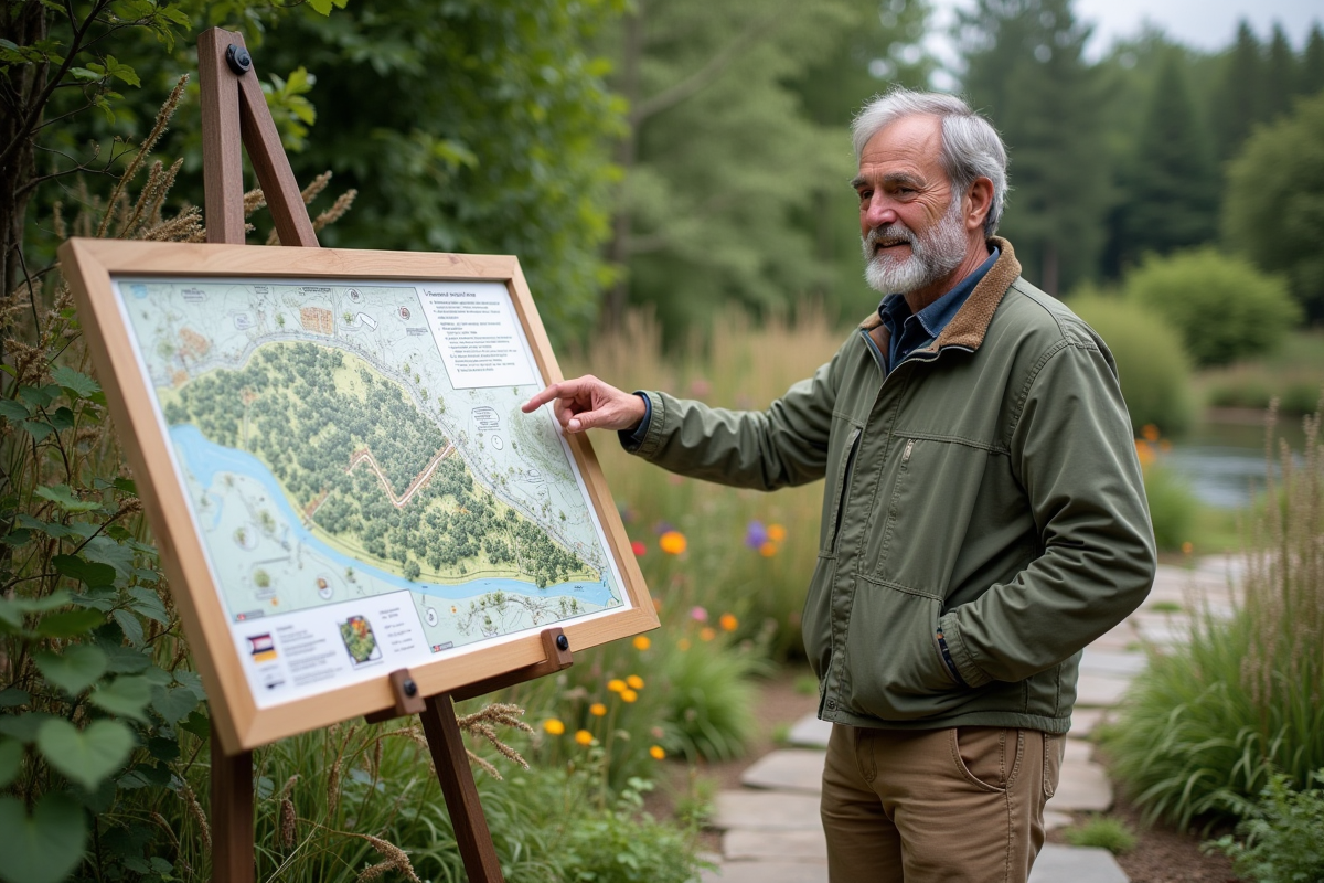 Homme expliquant un plan de permaculture en extérieur