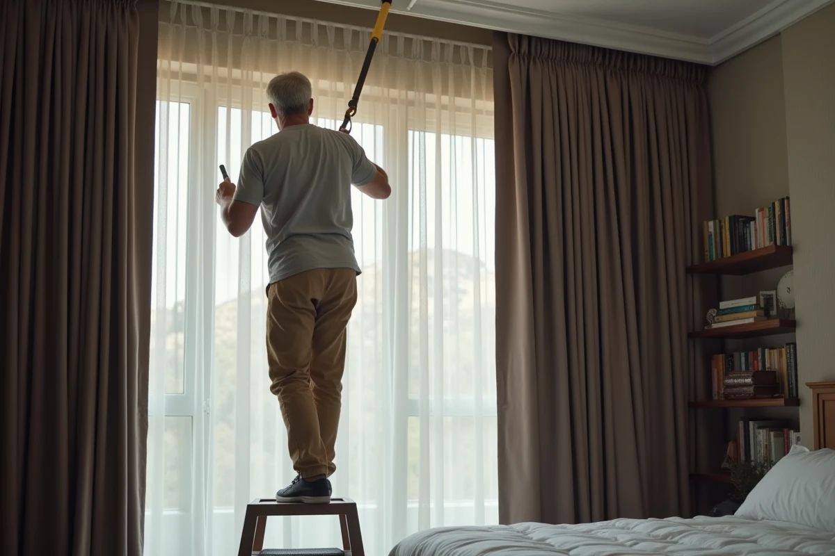 Homme installant un rideau occultant dans une chambre