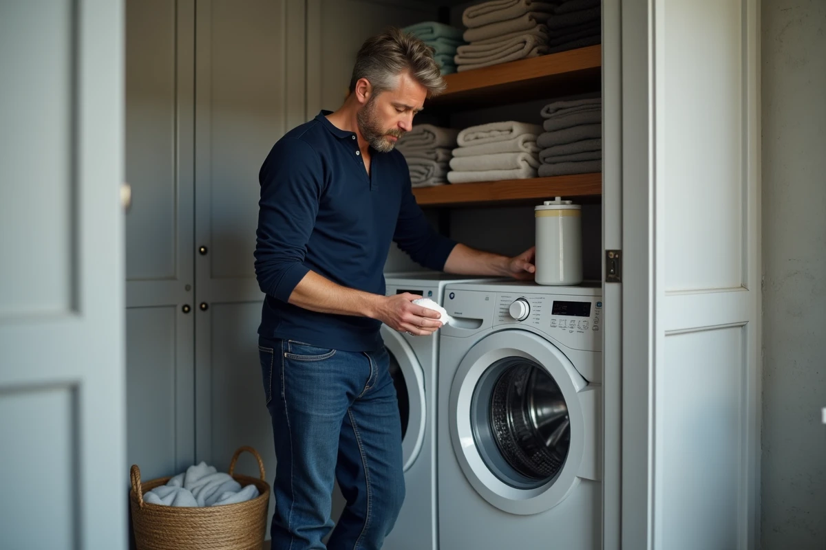 Homme chargeant de la lessive en poudre sans odeur dans un lave-linge dans un appartement moderne