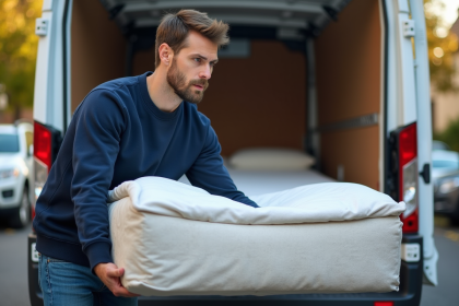 Homme déplaçant un matelas vers une camionnette blanche