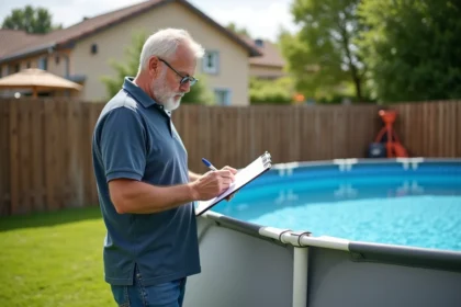 Homme mesurant une grande piscine hors sol dans un jardin