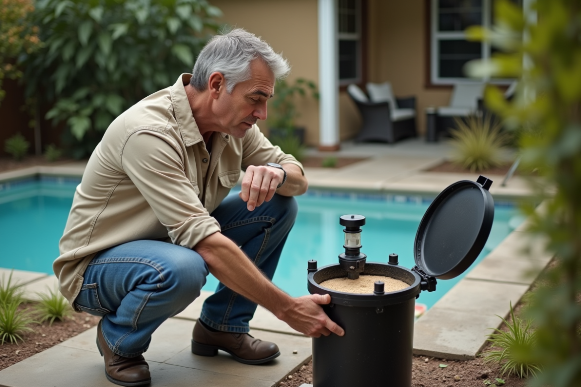 Homme en vêtements décontractés inspectant un filtre à sable dans un jardin