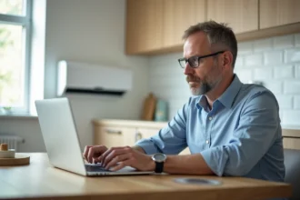 Homme d'affaires examine un graphique avec une pompe à chaleur derrière lui
