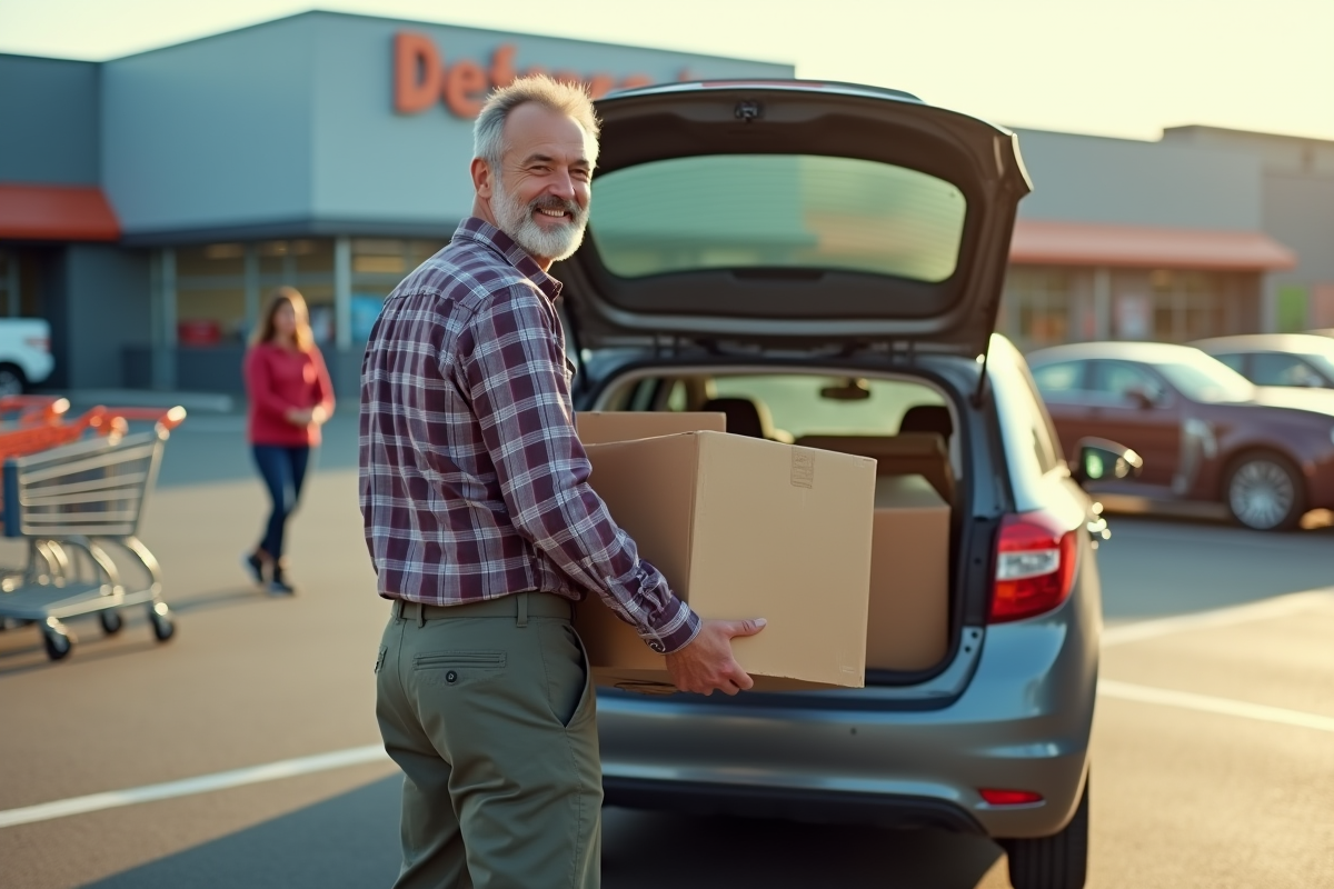 Homme plaçant des cartons dans le coffre d