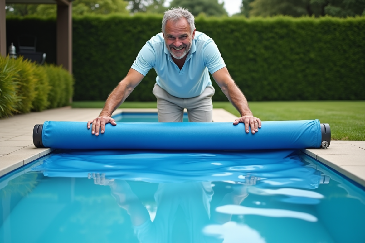 Homme d'âge moyen posant la couverture de piscine extérieure