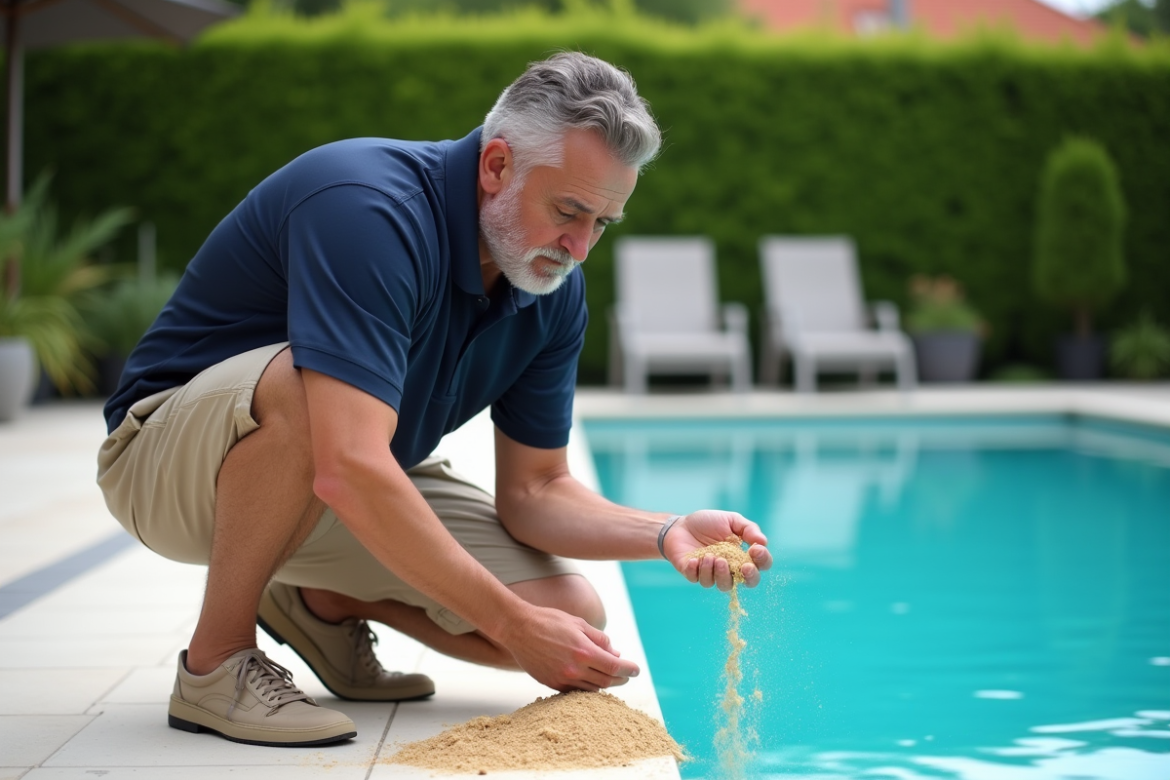 Homme d'âge moyen inspectant le sable au fond de la piscine