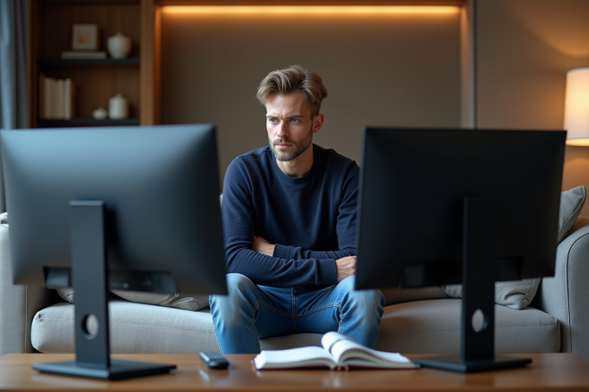 Homme en salon compare deux grands écrans TV