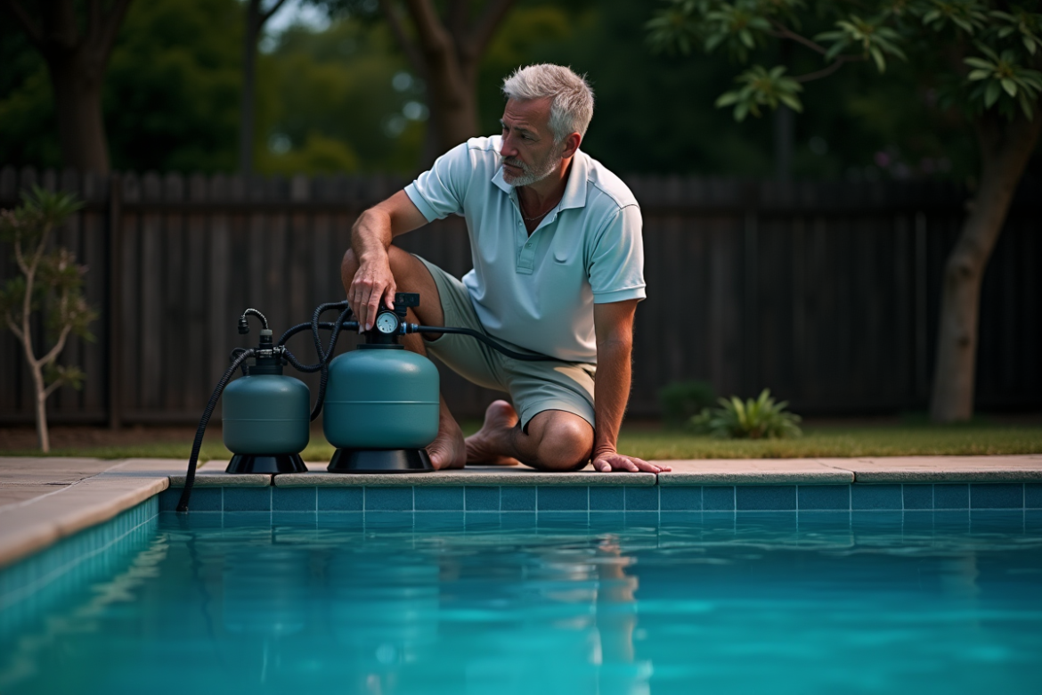 Homme vérifiant la filtration de la piscine la nuit