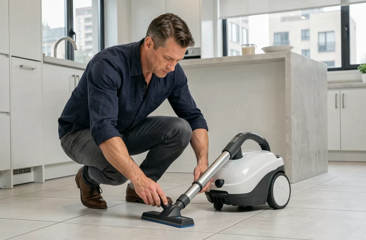 Homme inspectant la brosse d'un aspirateur laveur sans fil sur le carrelage d'une grande cuisine moderne