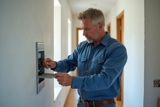 Homme inspectant un tableau électrique dans un couloir moderne