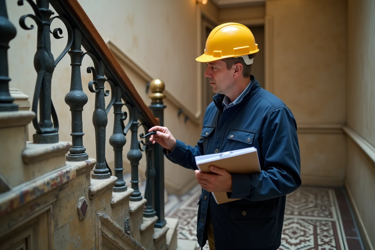 Inspecteur examinant un garde-corps en fer forgé dans un escalier haussmannien, contrôle de conformité aux normes de sécurité
