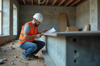 Ingénieur en bâtiment inspectant un IPN métallique sur un chantier de rénovation avec documents DTU
