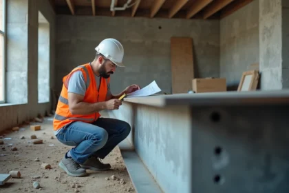 Ingénieur en bâtiment inspectant un IPN métallique sur un chantier de rénovation avec documents DTU