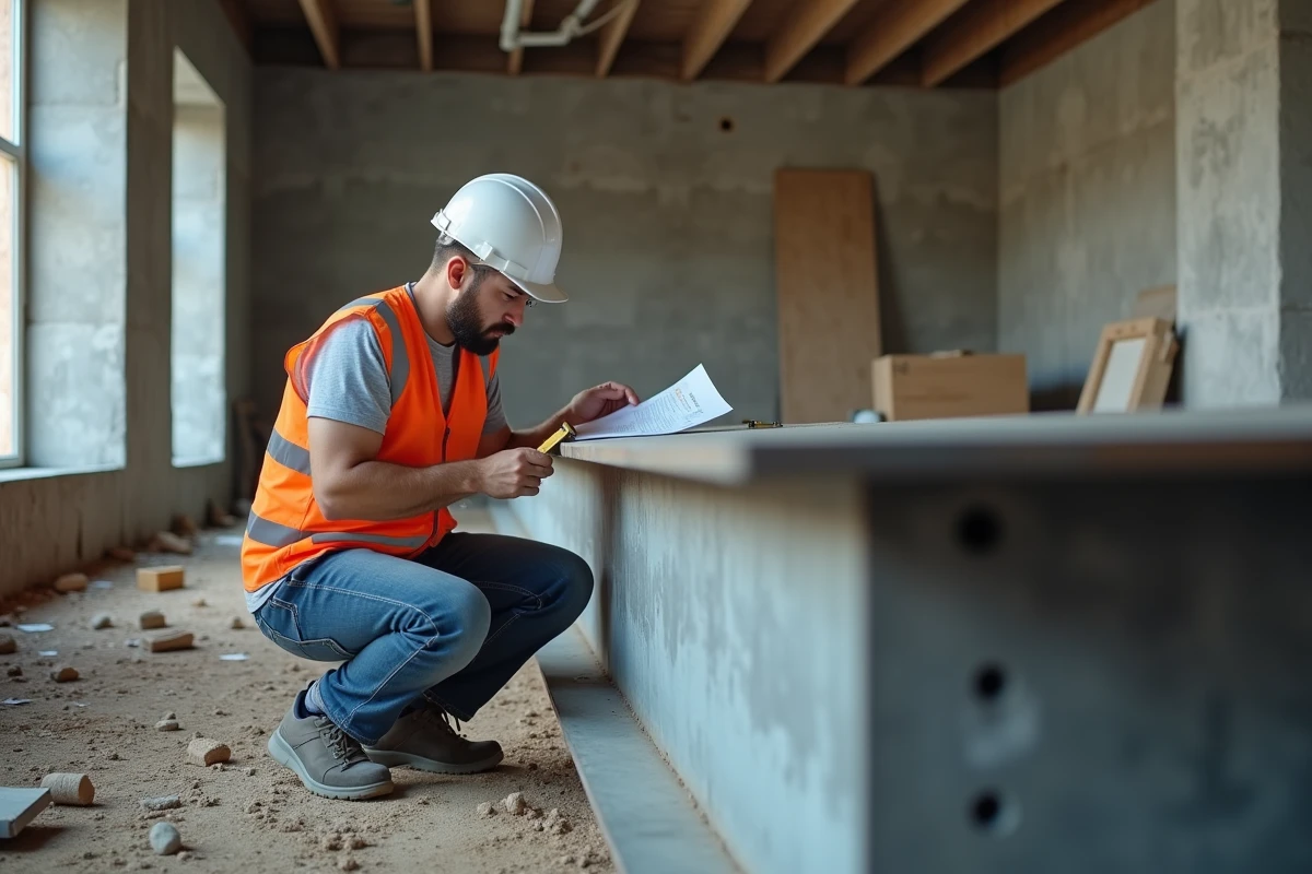 Ingénieur en bâtiment inspectant un IPN métallique sur un chantier de rénovation avec documents DTU