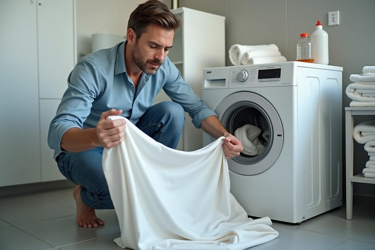Homme inspectant un drap blanc devenu gris sorti du lave-linge avec du détergent et du vinaigre blanc posés sur l'appareil