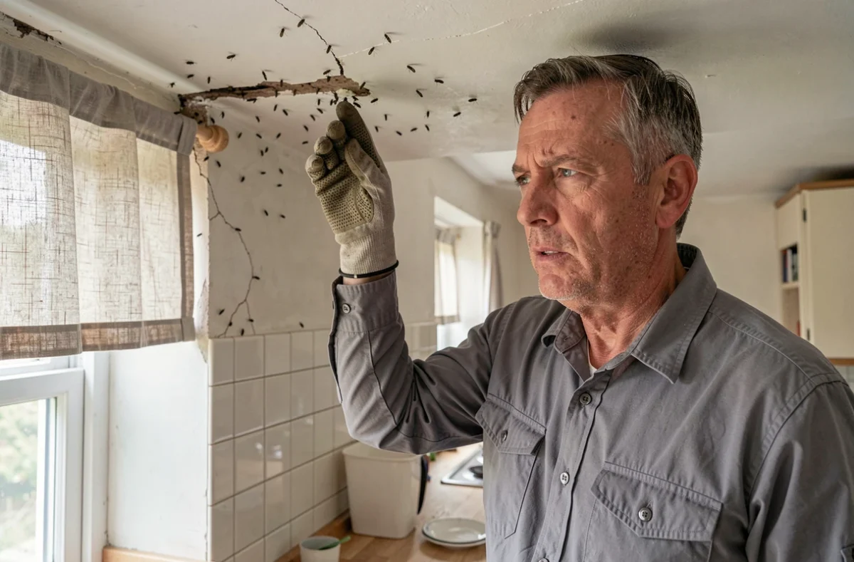 Homme inspectant un rassemblement de mouches dans le coin d'un plafond de cuisine domestique