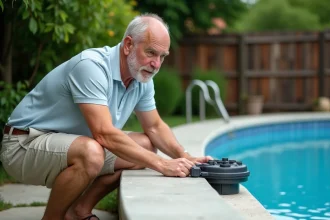 Homme inspectant une filtration de piscine dans le jardin