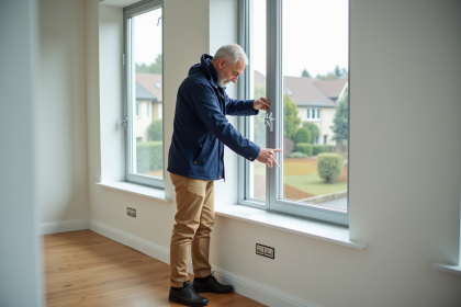 Installateur de fenêtres vérifiant une fenêtre moderne dans un salon lumineux