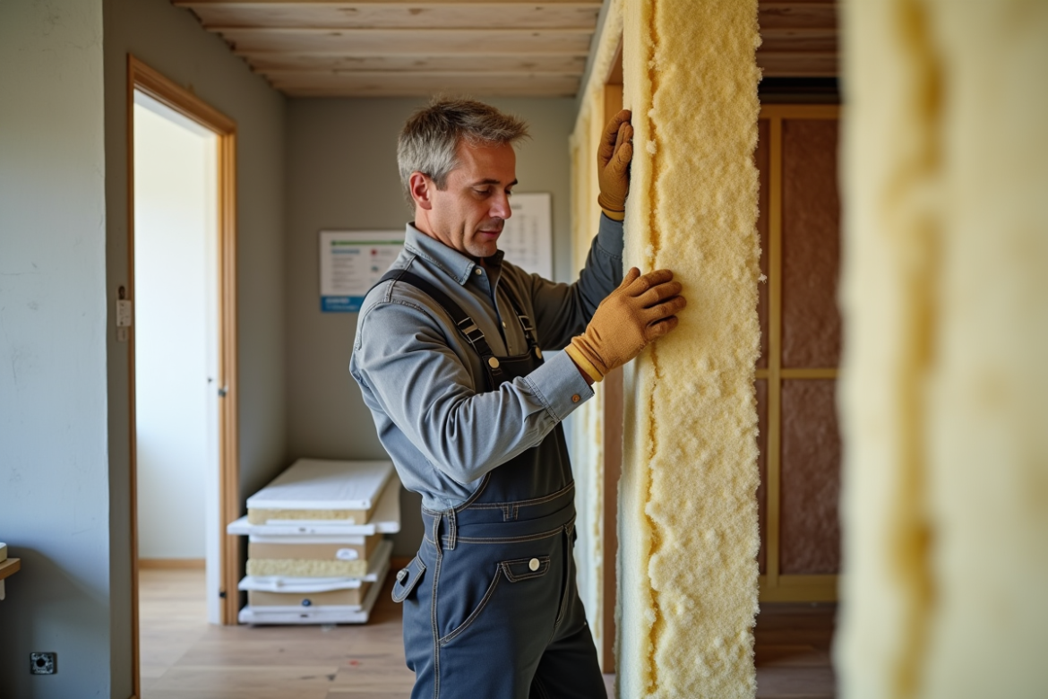 Installateur en isolation minérale dans une pièce rénovée