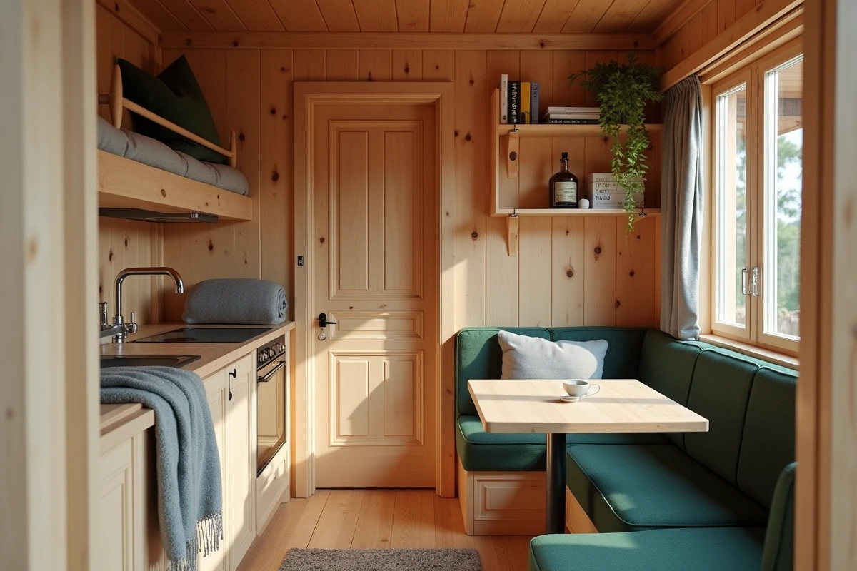 Intérieur chaleureux d'un micro-chalet en bois de 20m2 aménagé pour la location saisonnière