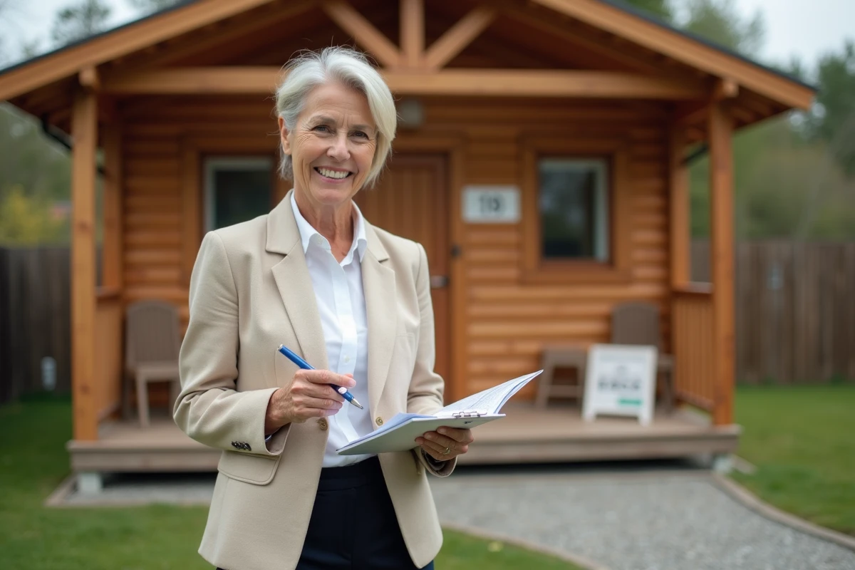 Investisseuse immobilière évaluant un chalet en bois de 20m2 en location avec documents en main