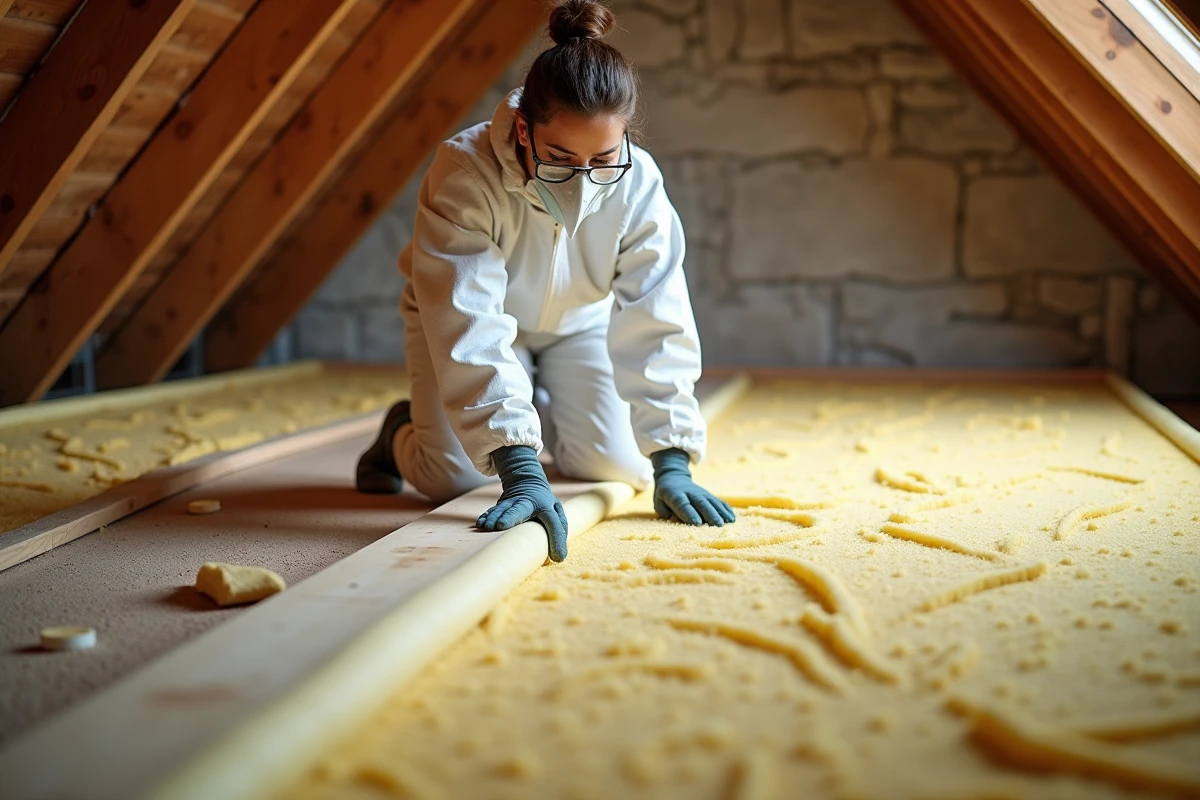 Technicienne posant de la laine de verre entre les solives d'un plancher de combles lors d'une rénovation d'isolation thermique