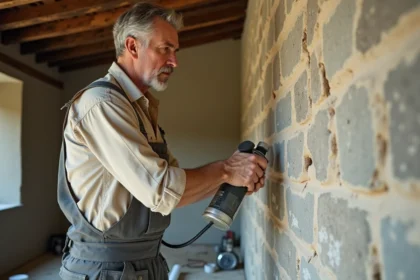 Artisan appliquant de la mousse isolante sur un mur en pierre de moellon lors de travaux de rénovation intérieure
