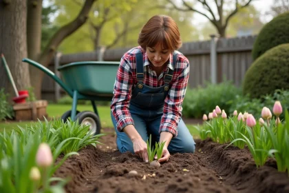 Femme jardiniere plantant des bulbes de lys dans un jardin