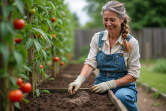 Femme jardinant avec bicarbonate sur tomates saines