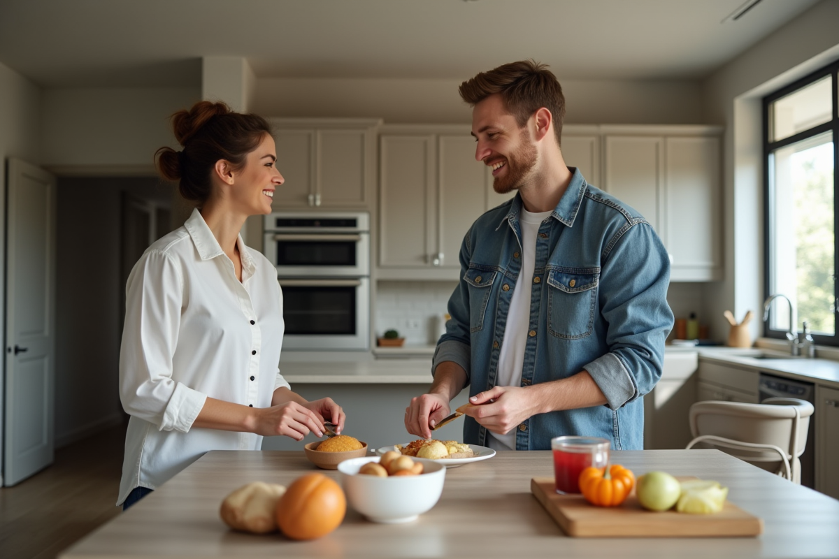 Jeune couple discutant dans une cuisine rénovée et lumineuse